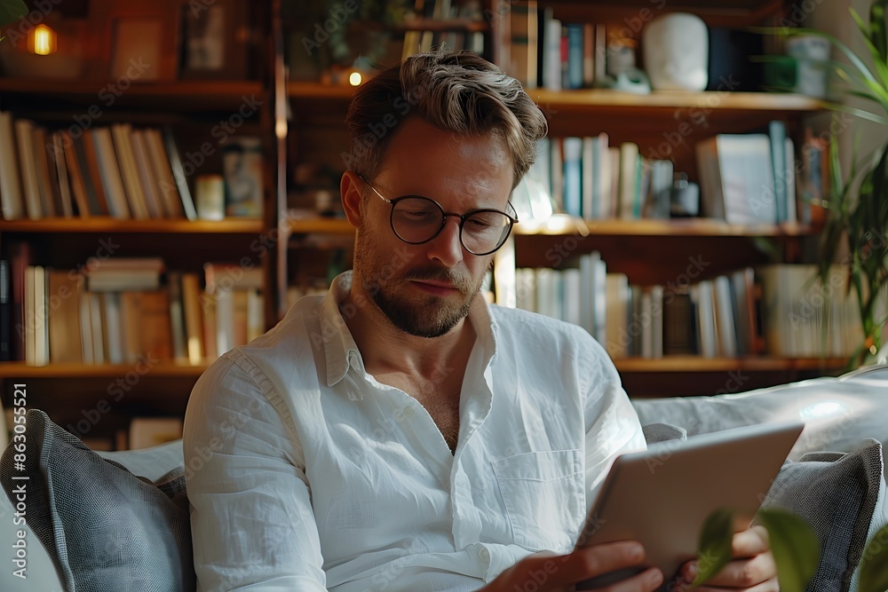 Man Reading on a Tablet in a Cozy Home Library Man Reading on a Tablet in a Cozy Home Library