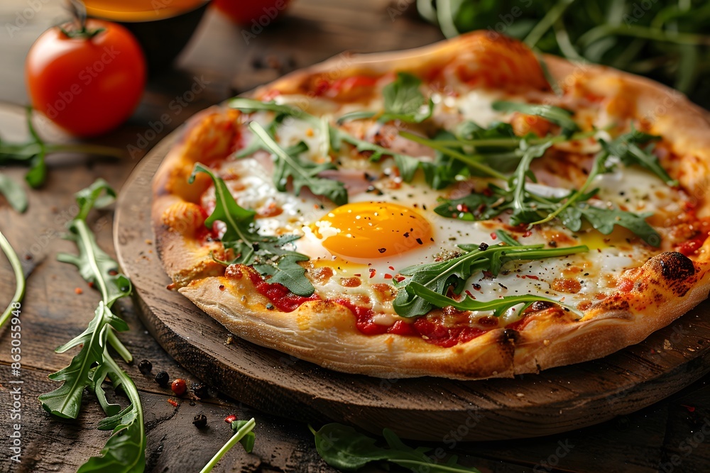 Delicious Pizza Topped with Egg and Fresh Arugula Delicious Pizza Topped with Egg and Fresh Arugula