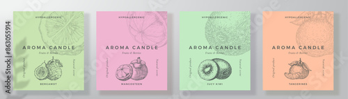 Aroma candle label design templates set. Scented air freshener product sticker mockup backgrounds collection Fruit citrus scent decorative packaging layouts bundle
