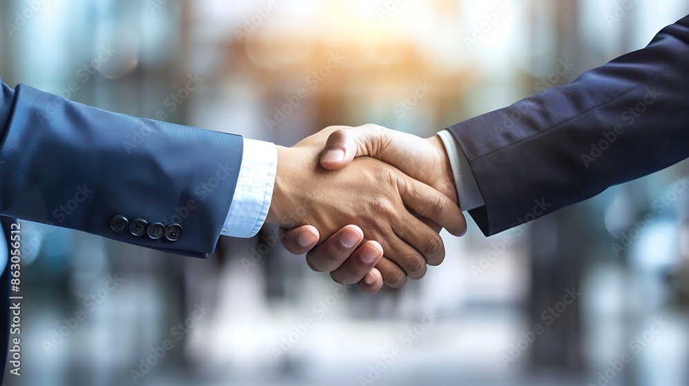 Two business professionals both clad in suits firmly shake hands symbolizing mutual respect agreement and the successful culmination of a deal or partnership : Generative AI Two business professionals both clad in suits firmly shake hands symbolizing mutual respect agreement and the successful culmination of a deal or partnership : Generative AI