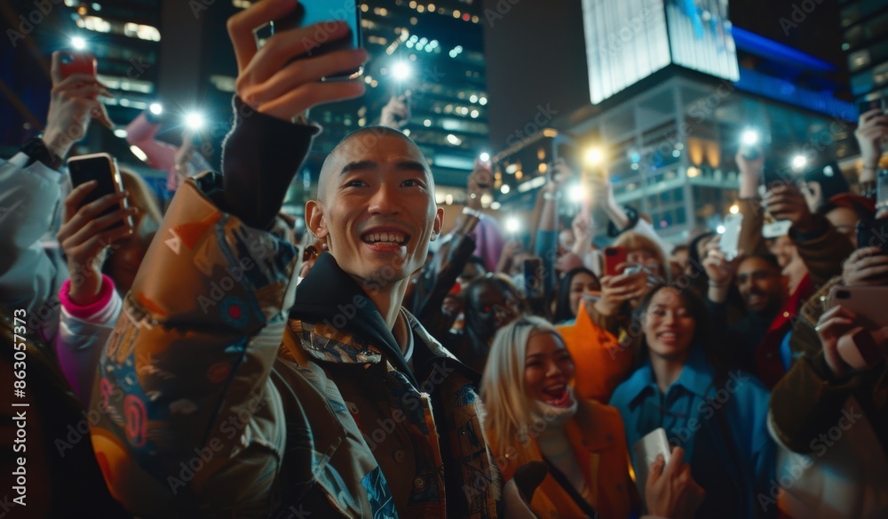 A man smiles for a selfie with fans gathered outside a city building A man smiles for a selfie with fans gathered outside a city building