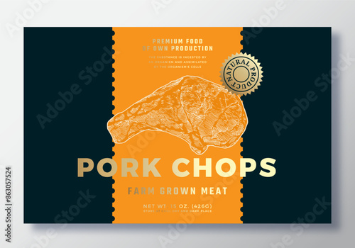 Farm Grown Pork Chops Food Vector Packaging Label Design Template. Modern Typography Banner, Hand Drawn Steak Meat Sketch Silhouette. Color Paper Background Layout with Gold Foil Isolated