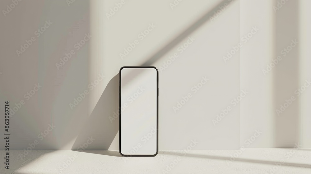 Smartphone with a blank screen propped up on a white surface Smartphone with a blank screen propped up on a white surface
