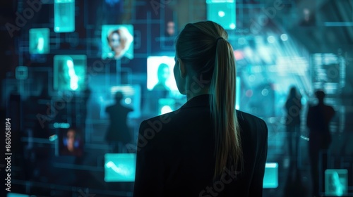 Female CEO in black suit, torso view, on call about Arya with partners, virtual meeting backdrop, depicting business connections, futuristic tone, colored pastel