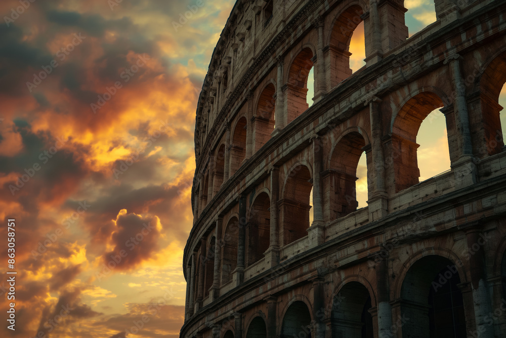 Fototapeta premium A beautiful view of the coliseum at sunrise. Generative AI.