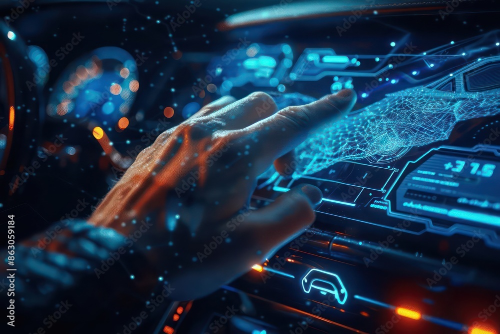 Closeup of a hand controlling a holographic interface for an autonomous car, with copy space Closeup of a hand controlling a holographic interface for an autonomous car, with copy space