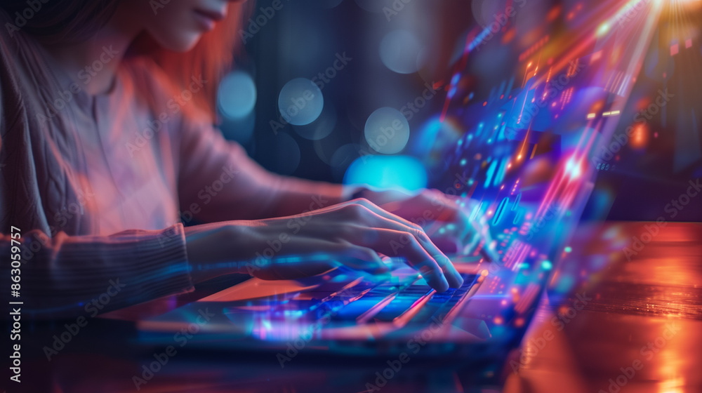Double exposure of woman hands typing on laptop and financial graph hologram. Generative AI. Double exposure of woman hands typing on laptop and financial graph hologram. Generative AI.