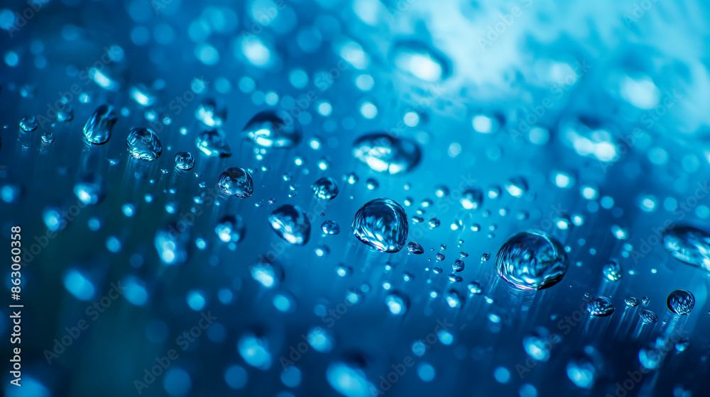 Macro shot of water drops on blurred blue background. Generative AI. Macro shot of water drops on blurred blue background. Generative AI.