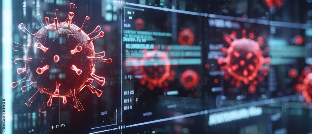 Closeup of a holographic display showing virus containment procedures, with space for text Closeup of a holographic display showing virus containment procedures, with space for text