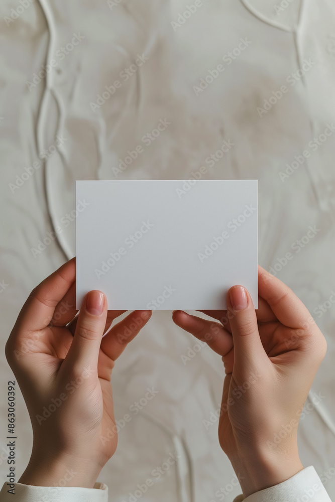 Female hands holding blank paper postcard isolated on white textured background. Generative AI Female hands holding blank paper postcard isolated on white textured background. Generative AI