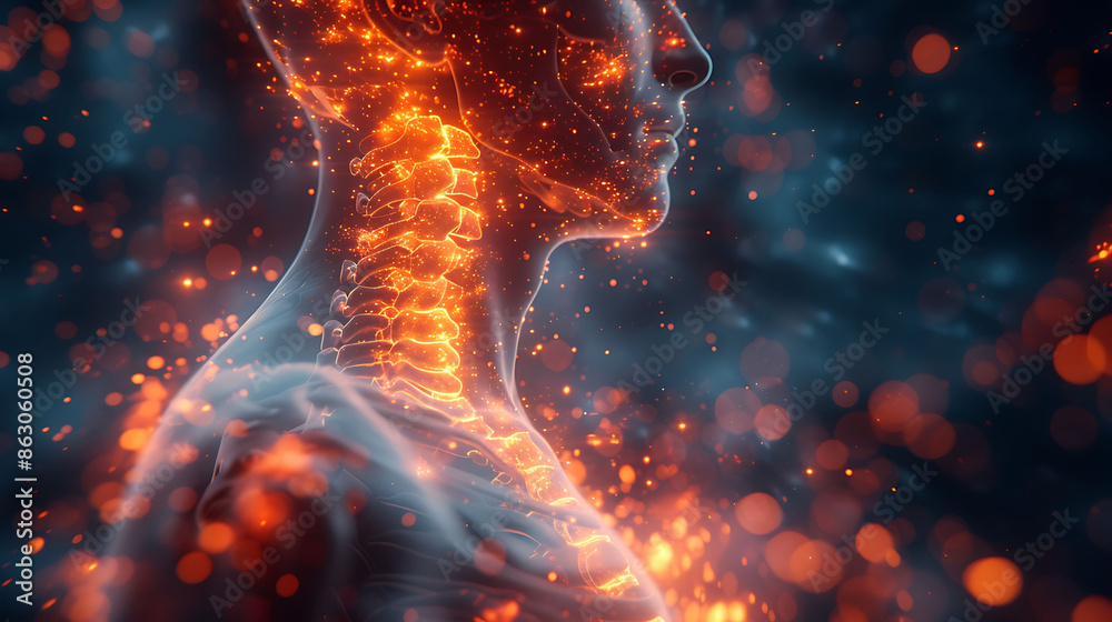 Spinal health visualization Man spinal pain due to ankylosing spondylitis glowing depiction of spinal fusion and inflammation Spinal health visualization Man spinal pain due to ankylosing spondylitis glowing depiction of spinal fusion and inflammation