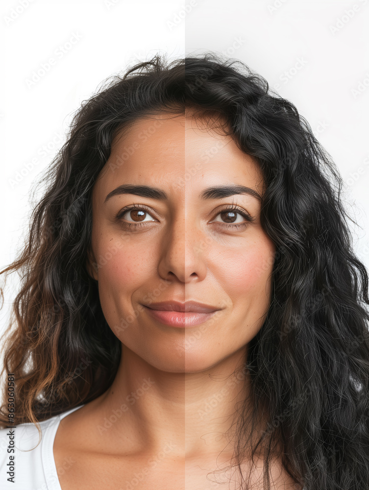Beauty concept - before and after. Young girl with curly hair on white background. Generative AI. Beauty concept - before and after. Young girl with curly hair on white background. Generative AI.
