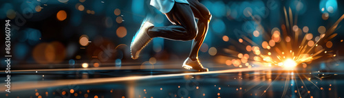 Man's feet running on illuminated ground with dynamic sparks in a futuristic atmosphere, representing speed and innovation.