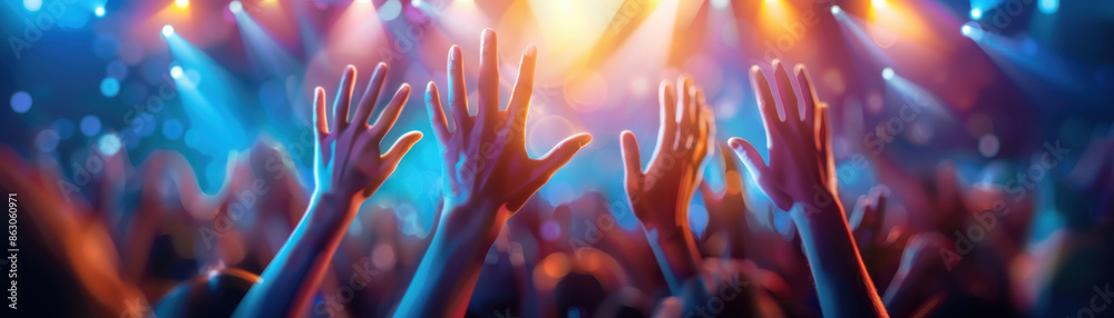 Vibrant concert crowd raising hands in celebration, immersed in colorful stage lights, demonstrating energy and excitement of live music event. Vibrant concert crowd raising hands in celebration, immersed in colorful stage lights, demonstrating energy and excitement of live music event.