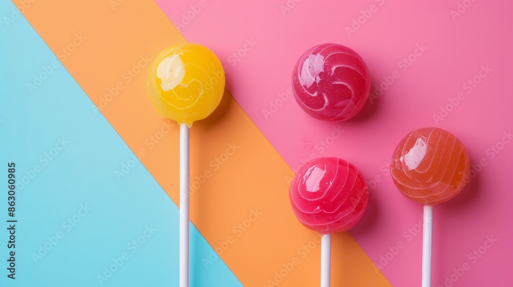 yummy sweet colour round lollipops on the colored background. minimalism style. copy space yummy sweet colour round lollipops on the colored background. minimalism style. copy space