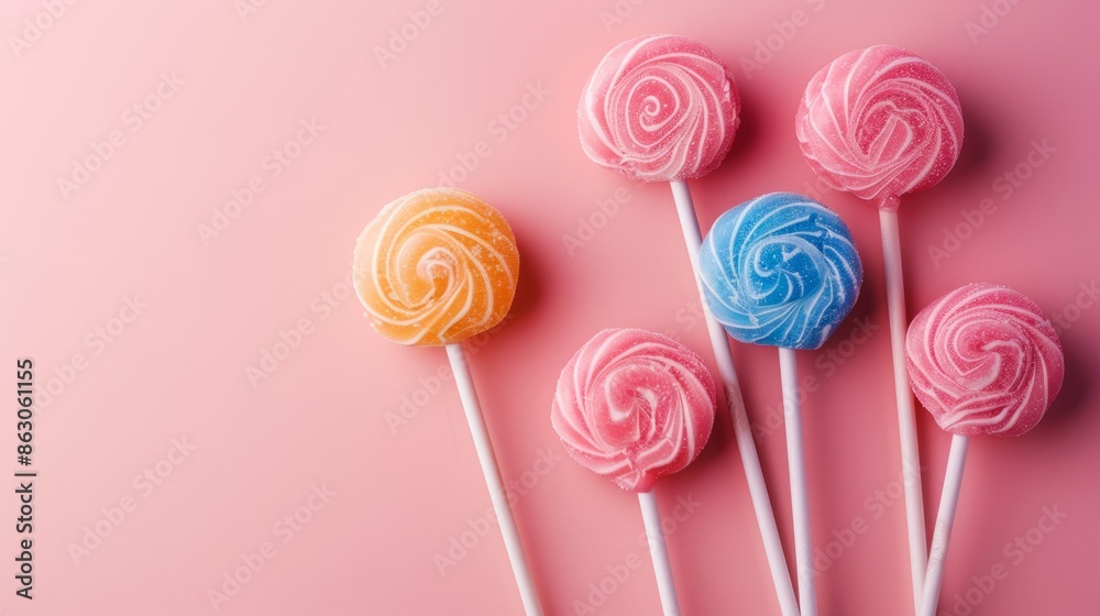 yummy sweet colour round lollipops on the colored background. minimalism style. copy space yummy sweet colour round lollipops on the colored background. minimalism style. copy space