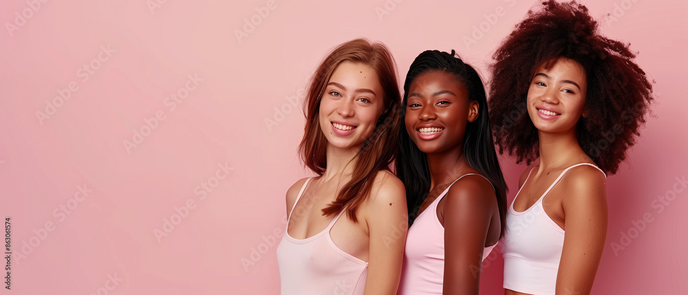 Beautiful young girls of different ethnicities on pink background with copy space. Generative AI Beautiful young girls of different ethnicities on pink background with copy space. Generative AI