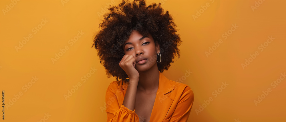 Beautiful young black woman with afro hair posing on orange background. Wide view. Generative AI. Beautiful young black woman with afro hair posing on orange background. Wide view. Generative AI.