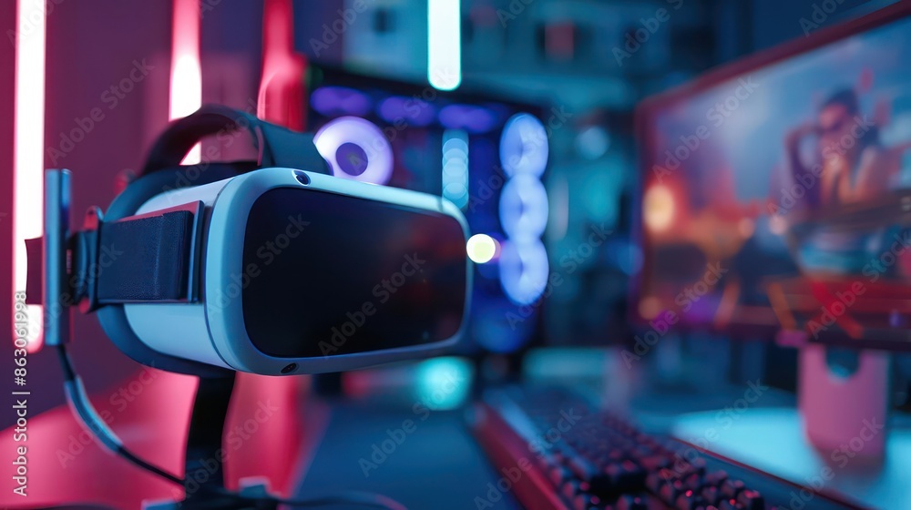 Closeup of a virtual reality headset connected to a powerful computer, with copy space Closeup of a virtual reality headset connected to a powerful computer, with copy space