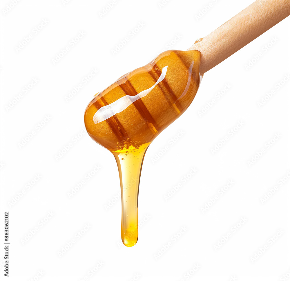 Honey dripping from honey dipper isolated on white background. Generative AI. Honey dripping from honey dipper isolated on white background. Generative AI.