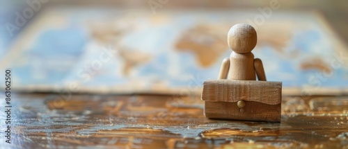 Closeup of a wooden figure with a tiny briefcase, looking at a digital strategy map, with copy space