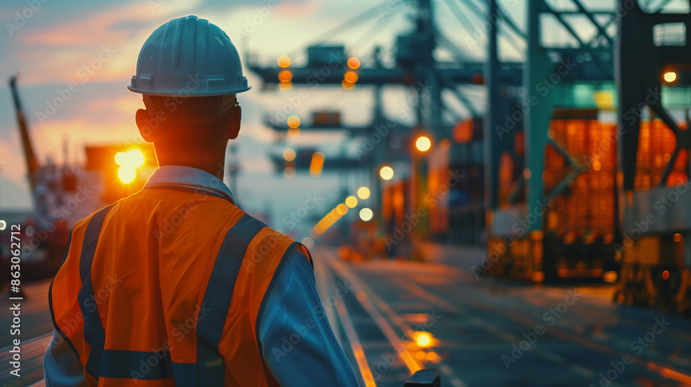 Rear view of an engineer supervising a large outdoor construction project. Generative AI. Rear view of an engineer supervising a large outdoor construction project. Generative AI.