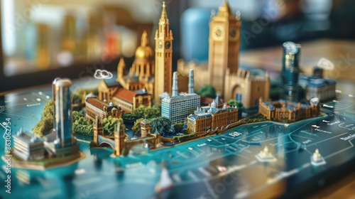 Closeup of an augmented reality travel guide overlaying information on landmarks, with copy space