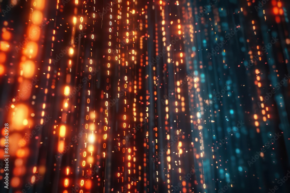 Obraz premium Closeup of glowing binary code cascading down a screen, with copy space