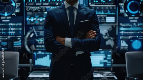 Male CEO in navy blue suit, torso view, system monitoring interface backdrop, modern office setting, representing realtime analytics, cybernetic tone, Analogous Color Scheme
