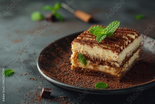 Tiramisu. Traditional italian dessert on black plate over blurred background. Generative AI. photo