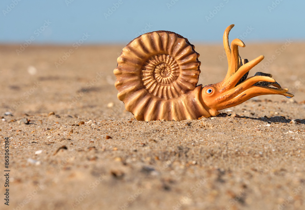 Reproduction toy Ammonite on a beach Reproduction toy Ammonite on a beach