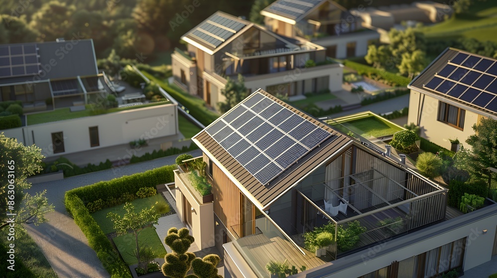 Solar panels on roofs Houses with solar panels Modern eco green house concepts : Generative AI Solar panels on roofs Houses with solar panels Modern eco green house concepts : Generative AI