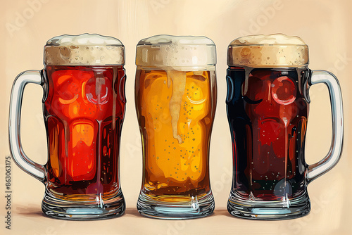 Drawing of three mugs of different types of beer against a pastel background. Generative AI.