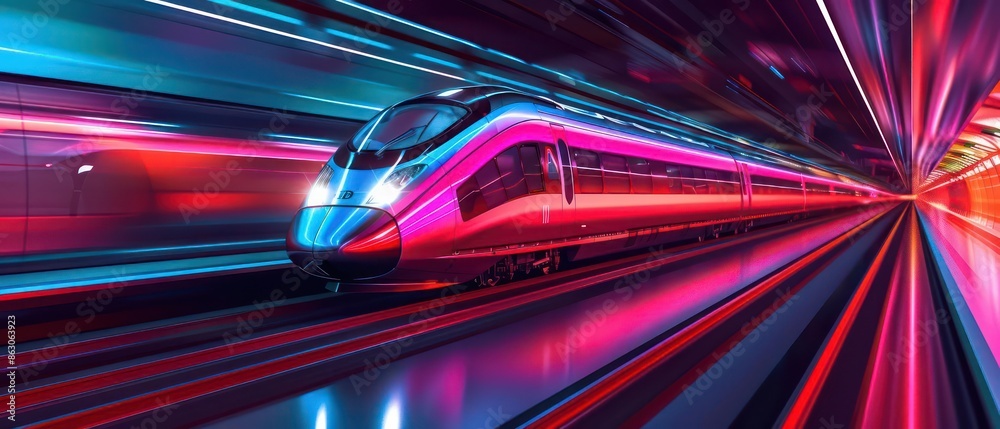 Detailed view of a futuristic trains aerodynamic design under LED lights, with copy space Detailed view of a futuristic trains aerodynamic design under LED lights, with copy space