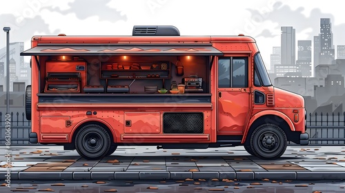 Stylized Red Food Truck With Grill in Urban Street Setting