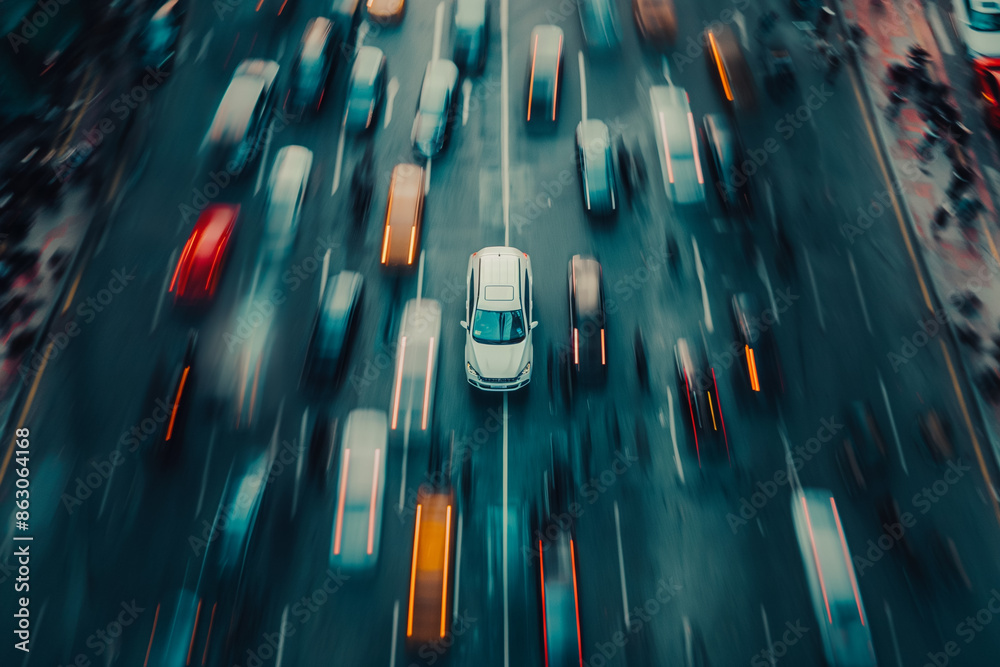Fototapeta premium Aerial view with motion blur of cars and people in a large urban center at dusk. Generative AI.