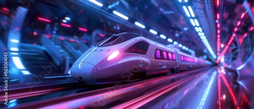 Detailed view of a futuristic trains aerodynamic design under LED lights, with copy space photo