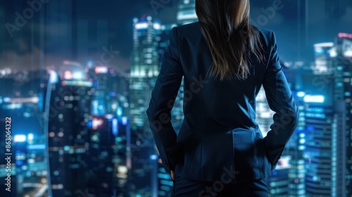 Female CEO in navy blue suit, torso view, presenting at international summit, futuristic city backdrop, highlighting global business trends, advanced tone, Tetradic color scheme © kitidach