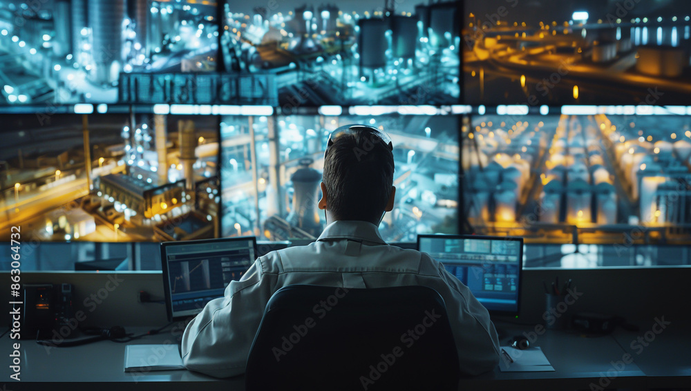 A security guard sits in the control center A security guard sits in the control center