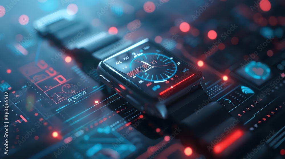 Detailed view of a smart watch monitoring health metrics in realtime, with space for text Detailed view of a smart watch monitoring health metrics in realtime, with space for text