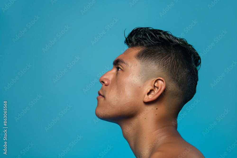 Fototapeta premium Face of a young Asian man in profile isolated on blue background with copy space. Generative AI.