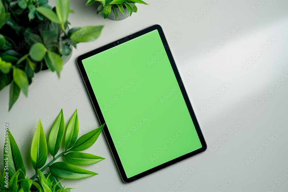 Top view. Chroma key green screen of a tablet on white surface decorated with plants. Generative AI Top view. Chroma key green screen of a tablet on white surface decorated with plants. Generative AI