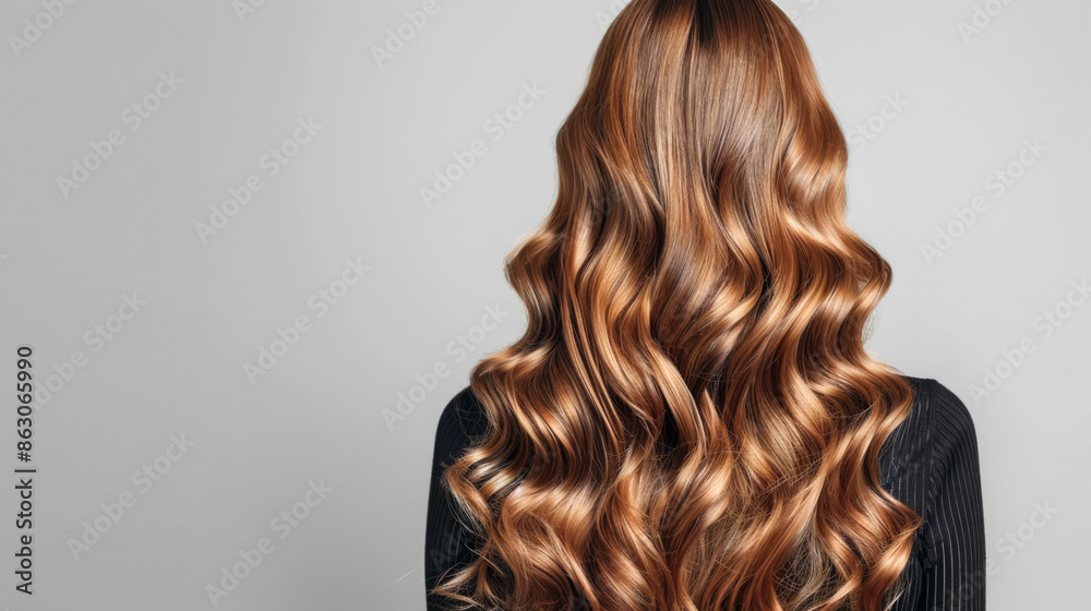Fototapeta premium A woman with wavy red hair viewed from behind, displaying her shiny curls