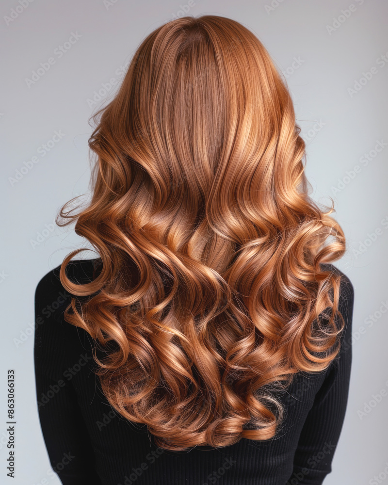 Fototapeta premium A woman with wavy red hair seen from the back, highlighting her shiny curls