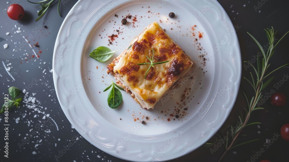 Portion of traditional italian lasagne/lasagna on white plate Portion of traditional italian lasagne/lasagna on white plate
