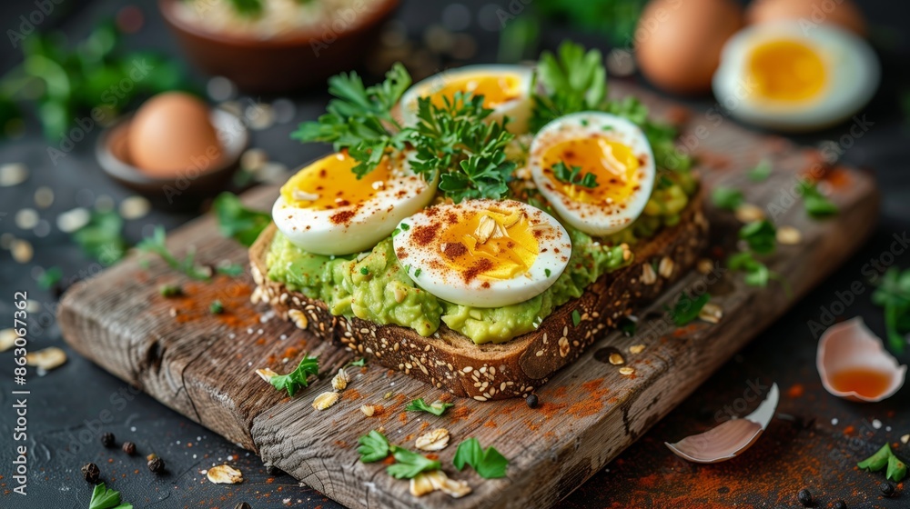A slice of whole grain bread with avocado toast and hard boiled eggs A slice of whole grain bread with avocado toast and hard boiled eggs