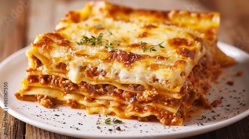 Portion of traditional italian lasagne/lasagna on white plate 