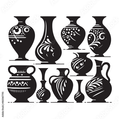 Black silhouettes of vases on a white background