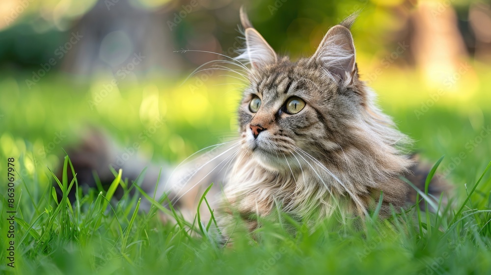 Hypoallergenic Siberian Cat Outdoors on Green Grass Hypoallergenic Siberian Cat Outdoors on Green Grass