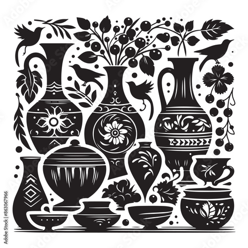 Black silhouettes of vases on a white background